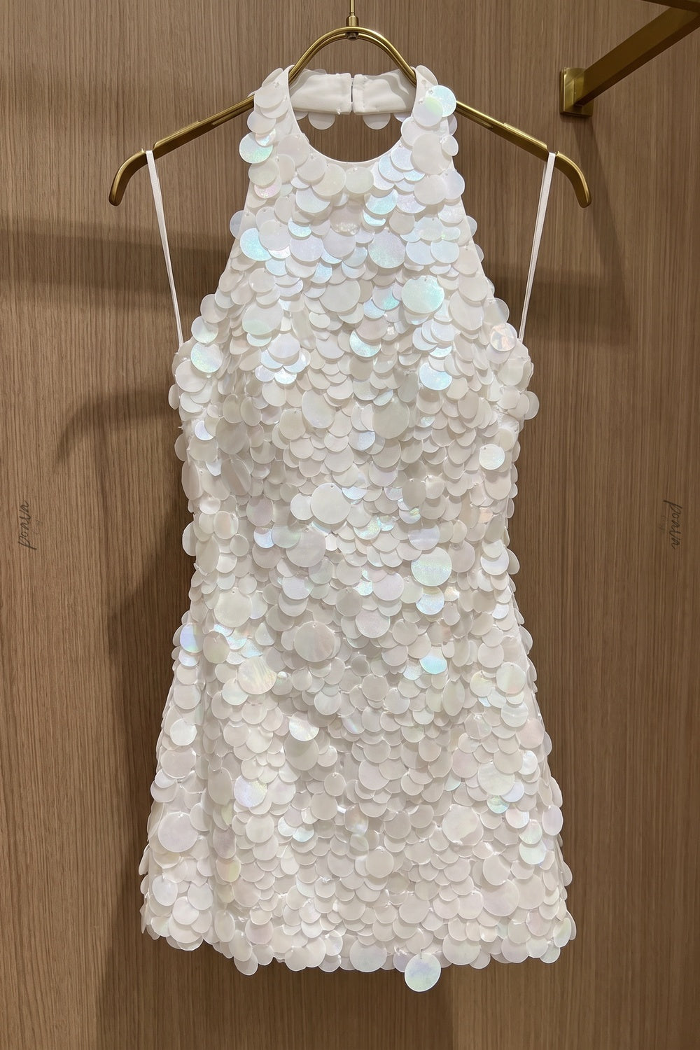 White Paillette Halter Mini Dress white, silver-white mesh base with paillettes mini dress - product view 6