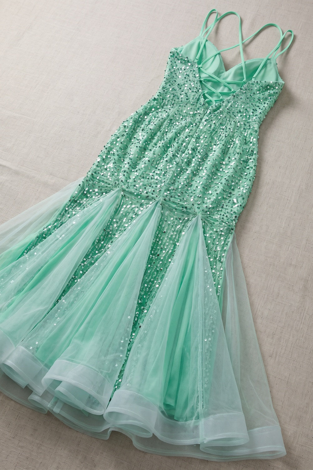 Mint Green Sequin Mermaid Maxi Dress with Tulle Overlay Premium Fabric - product view 3