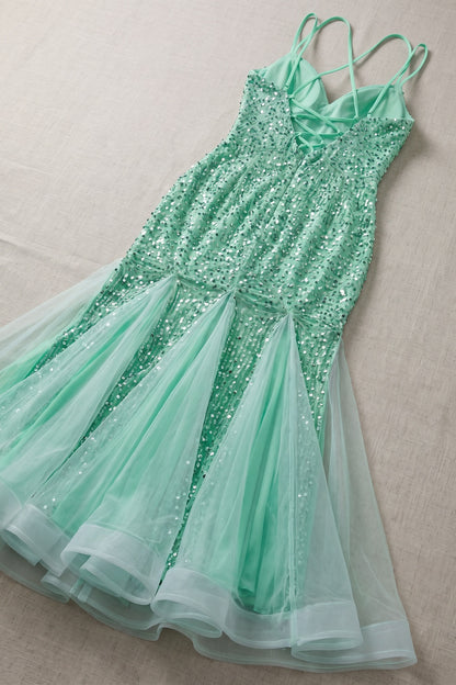 Mint Green Sequin Mermaid Maxi Dress with Tulle Overlay Premium Fabric - product view 3