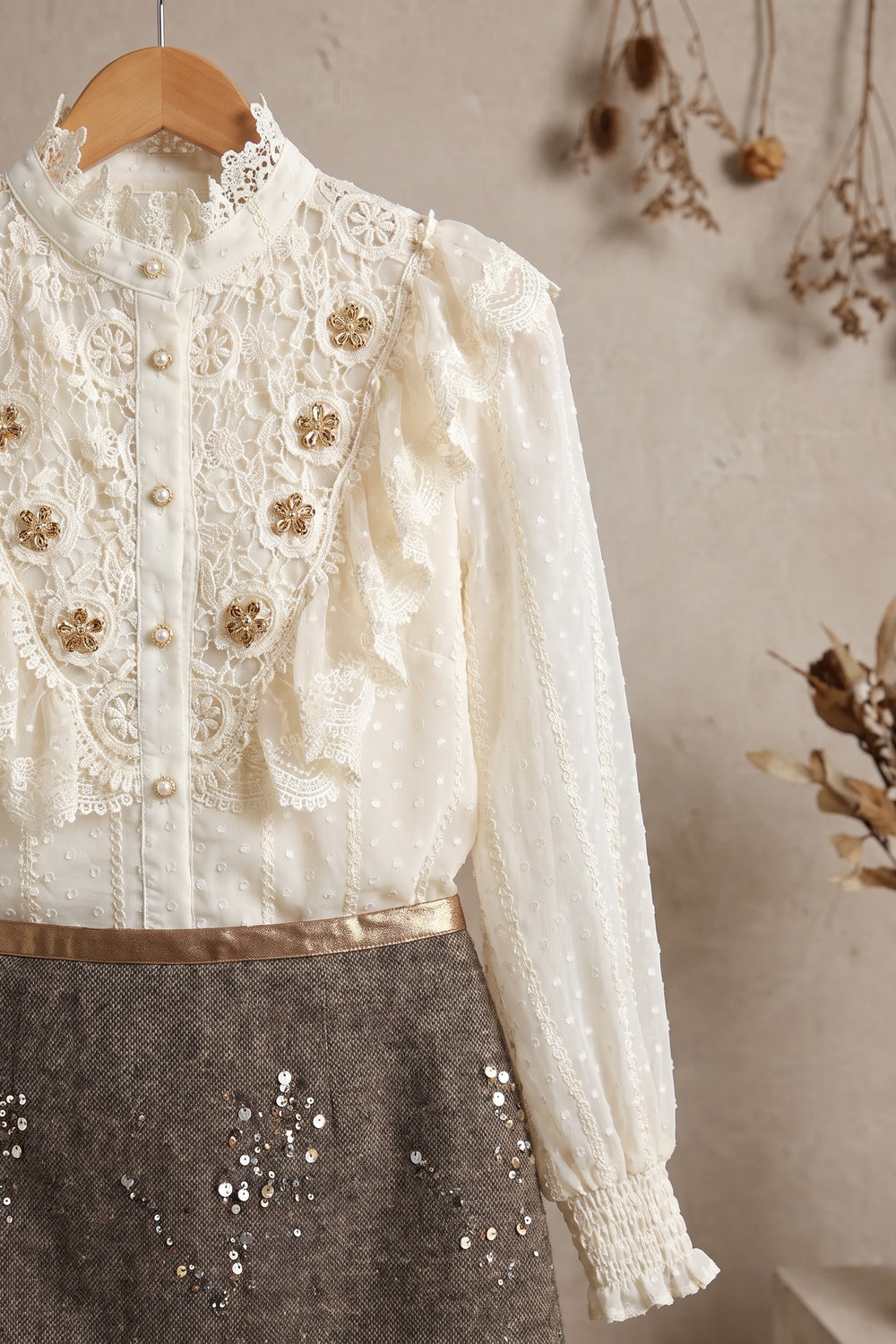 Off-White Dotted Swiss Blouse & Brown Tweed Sequin Mini Skirt Two-Piece Set Off-white, Medium brown Sheer dotted swiss chiffon (blouse); textured wool-blend tweed (skirt) Two-piece set (blouse and mini skirt) - product view 6