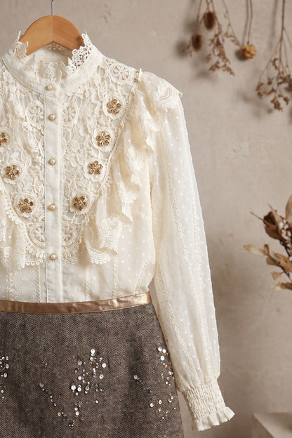 Off-White Dotted Swiss Blouse & Brown Tweed Sequin Mini Skirt Two-Piece Set Off-white, Medium brown Sheer dotted swiss chiffon (blouse); textured wool-blend tweed (skirt) Two-piece set (blouse and mini skirt) - product view 6