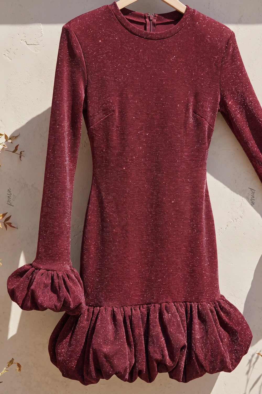 Burgundy Lurex Knit Fitted Bodycon Dress with Voluminous Bubble Hem burgundy lurex knit dress - product view 6