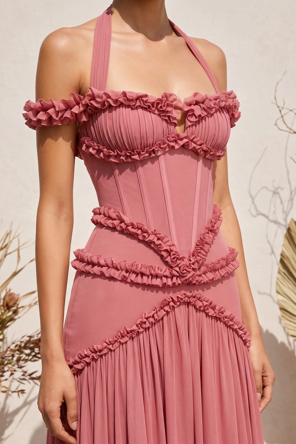 Dusty Rose Fitted Corset Gown with Tiered Ruffles and Halter Neck dusty rose lightweight crepe or georgette gown - product view 6