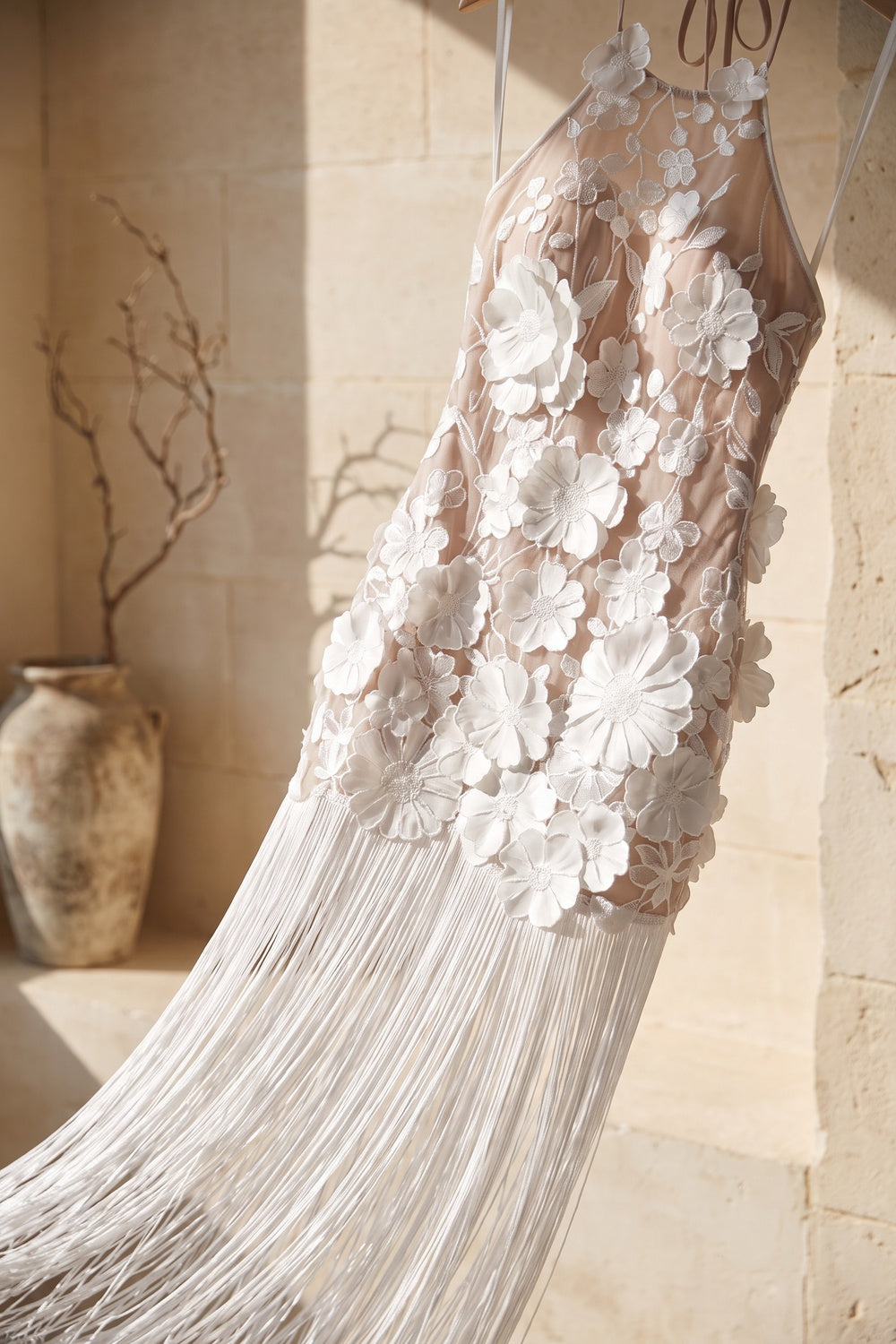 White 3D Floral Mesh Lace Maxi Dress with Fringe Overlay white mesh lace dress - product view 6