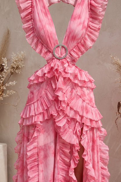 Pink Watercolor Chiffon A-Line Gown with Waist Cut-Outs pink chiffon gown - product view 6