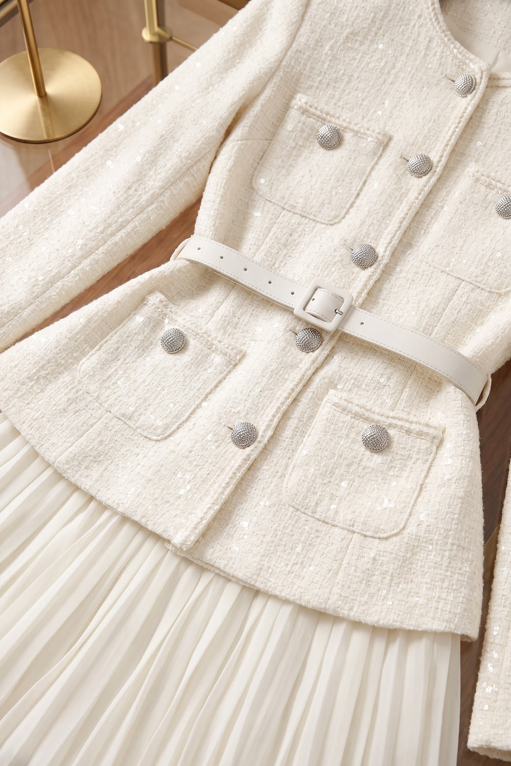 Off-White Tweed Skirt Suit Set with Peplum Jacket and Pleated Mini Skirt off-white, cream tweed skirt suit set - product view 6