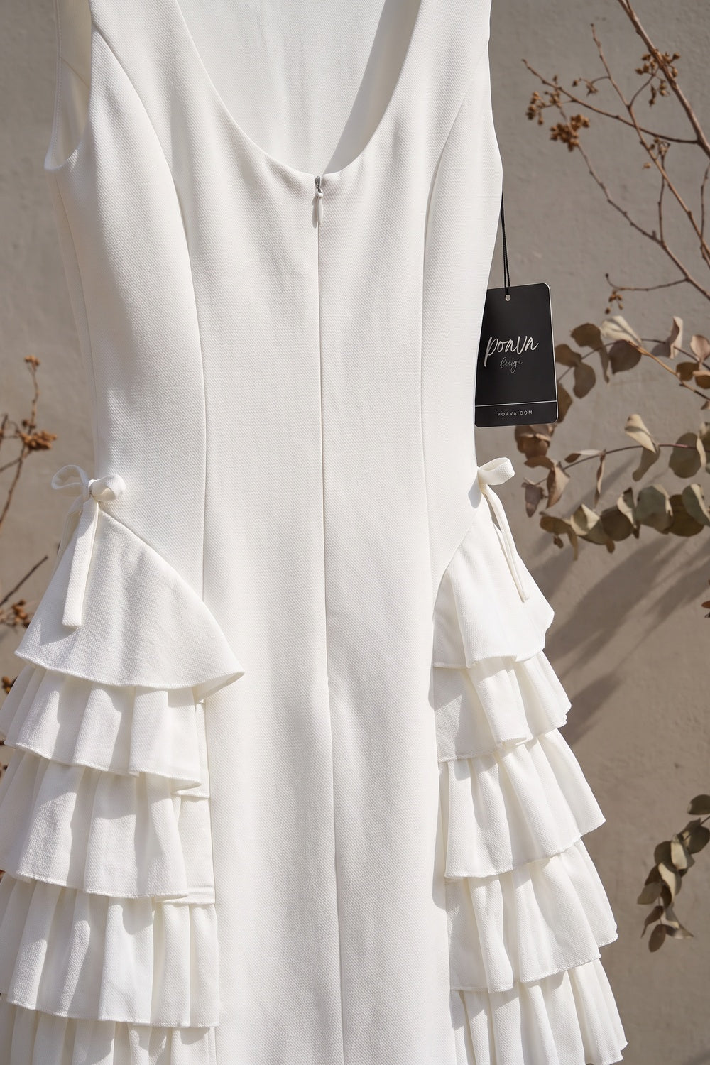 White Structured Crepe A-Line Dress with Side Ruffles white structured crepe or heavy woven blend dress - product view 6