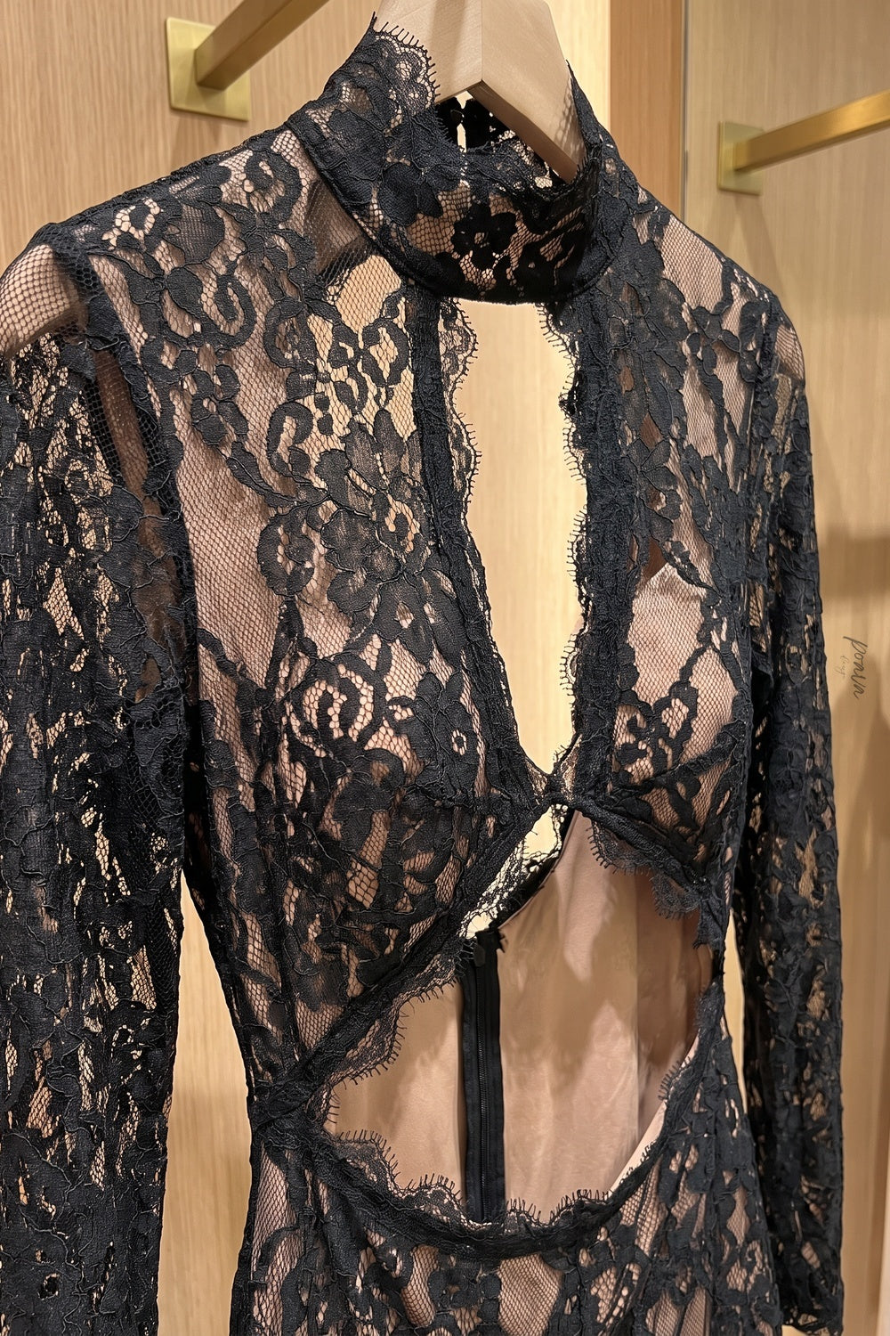 Black Floral Lace Column Gown with Front Slit and Cutouts black lace gown - product view 6