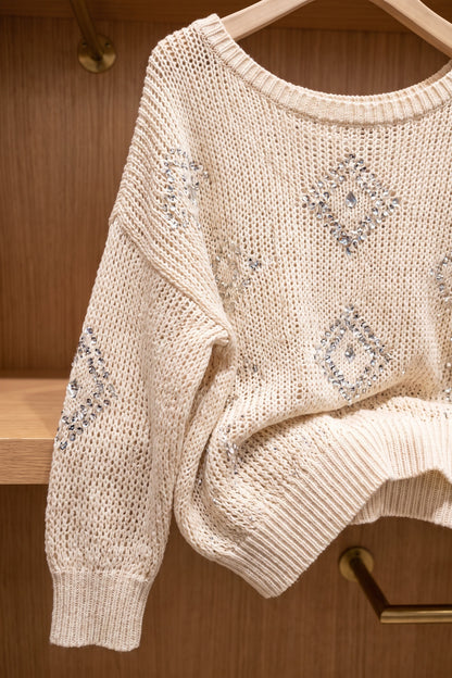 Cream Open-Work Knit Oversized Sweater with Silver Heart Embellishments cream, off-white open-work knit yarn sweater - product view 6