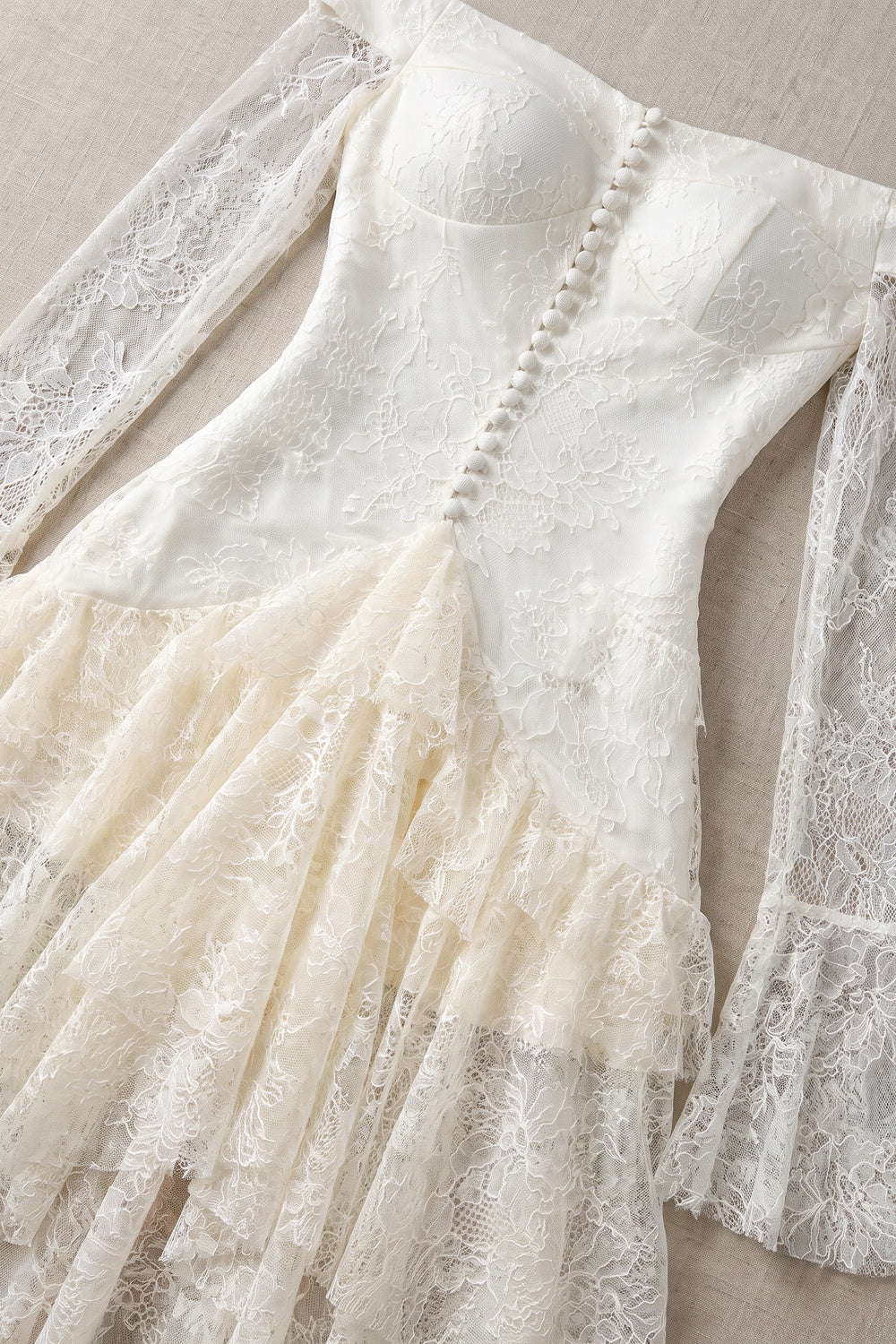 Ivory Floral Lace Off-Shoulder A-Line Maxi Dress with Tiered Ruffles ivory, cream floral lace dress - product view 6