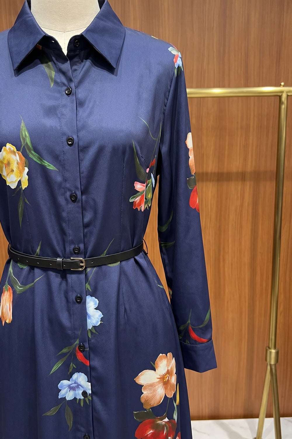 Navy Blue Floral Satin-Weave A-Line Shirt Dress navy blue satin-weave synthetic or silk blend shirt dress - product view 6