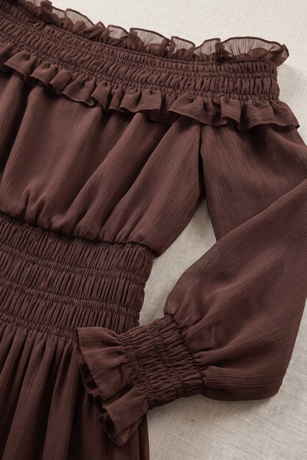 Chocolate Brown Textured Chiffon Blouson Maxi Dress with Tiered Skirt chocolate brown textured chiffon maxi dress - product view 6