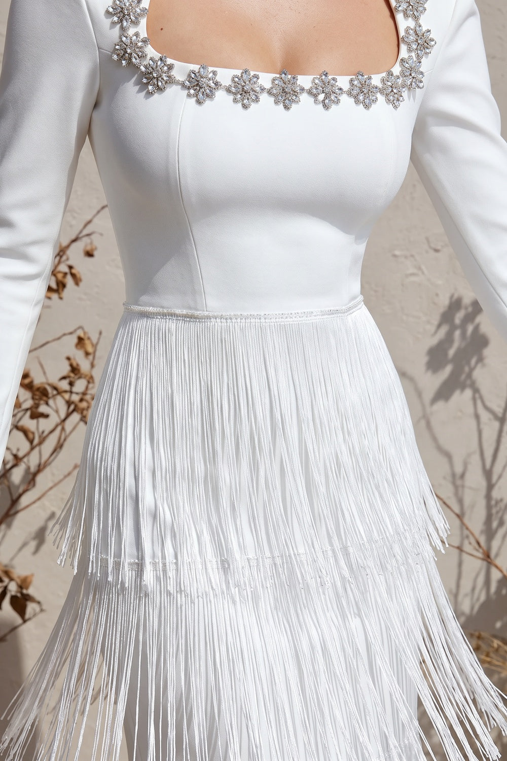 White Structured Crepe Column Gown with Tiered Fringe white structured crepe gown - product view 6