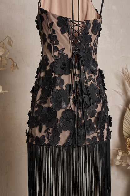 Black Floral Lace Applique Mesh Fitted Halter Mini Dress with Floor-Length Fringe black floral lace applique mesh dress - product view 6