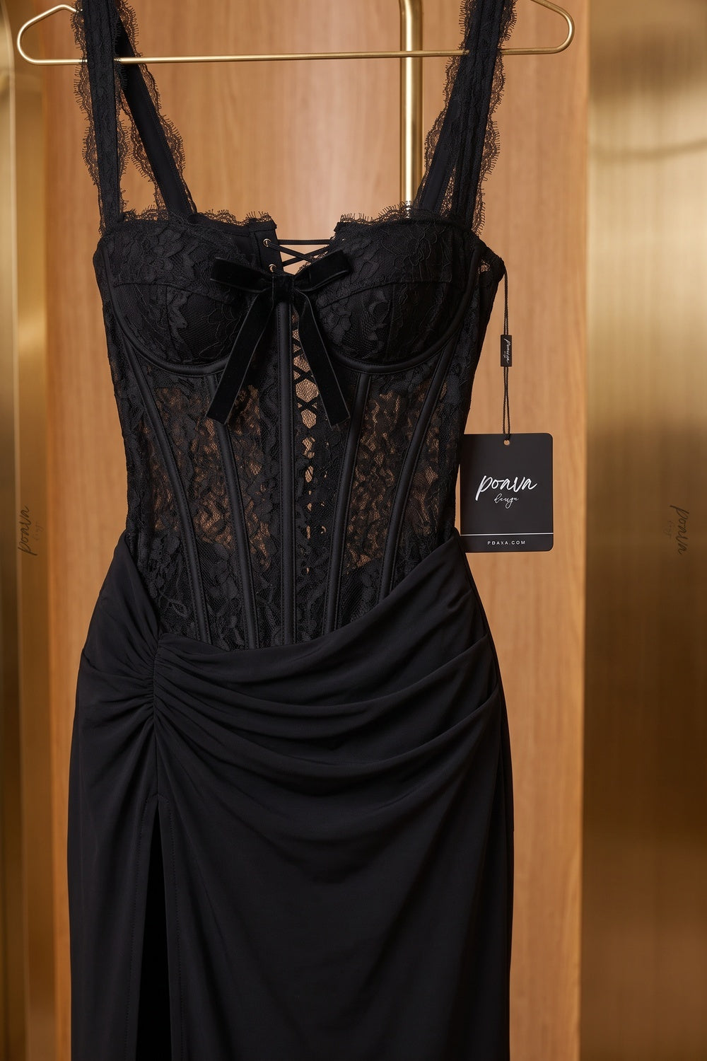 Black Lace Corset Evening Gown with High Slit black lace evening gown - product view 6