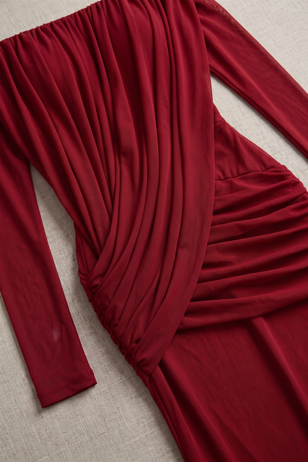 Deep Red Lightweight Stretch Mesh Column with Draped Overlay Dress deep red lightweight stretch mesh dress - product view 6