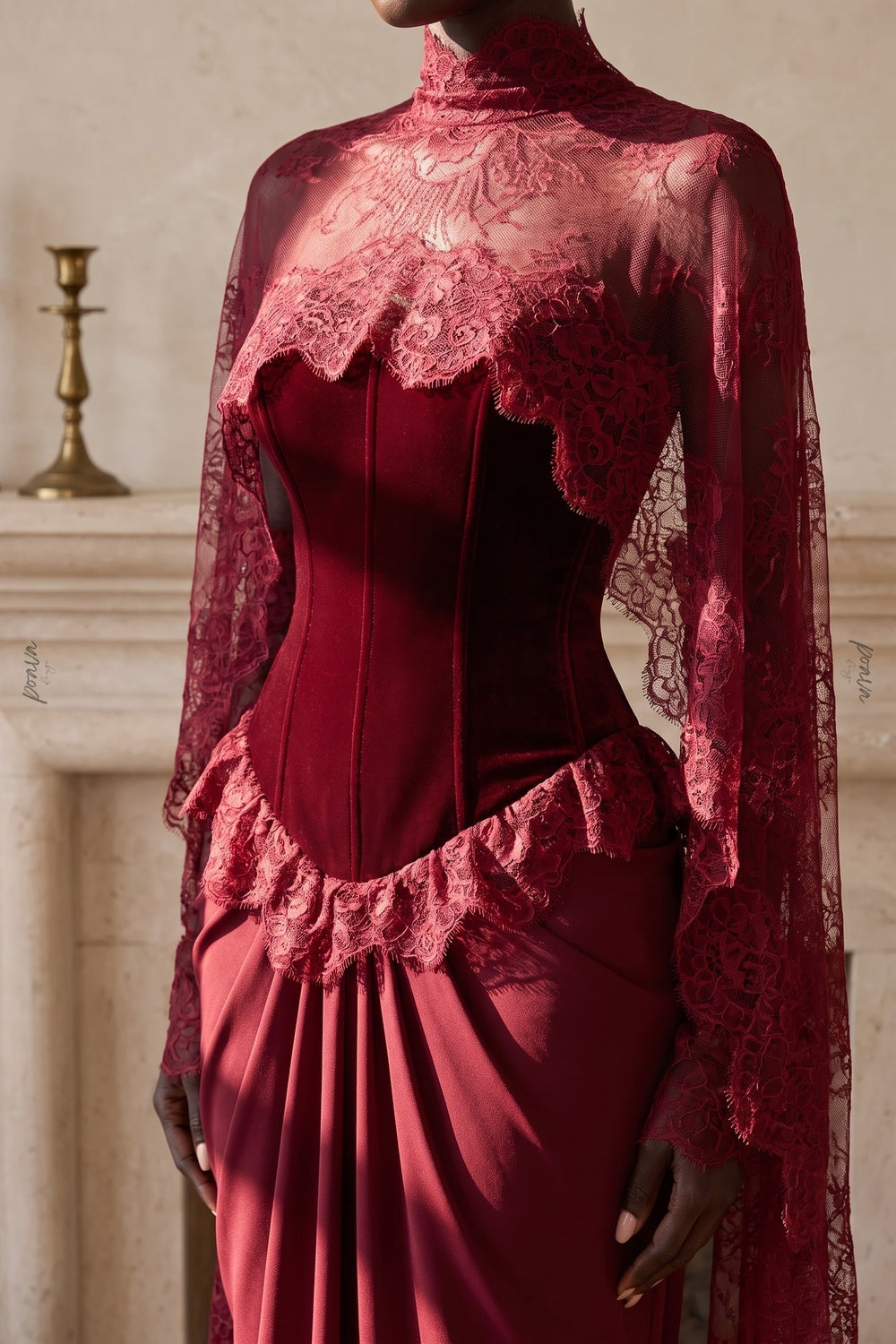 Burgundy Velvet Corset Evening Gown with Lace Cape Overlay burgundy velvet (bodice), fluid crepe/satin (skirt) evening gown - product view 6