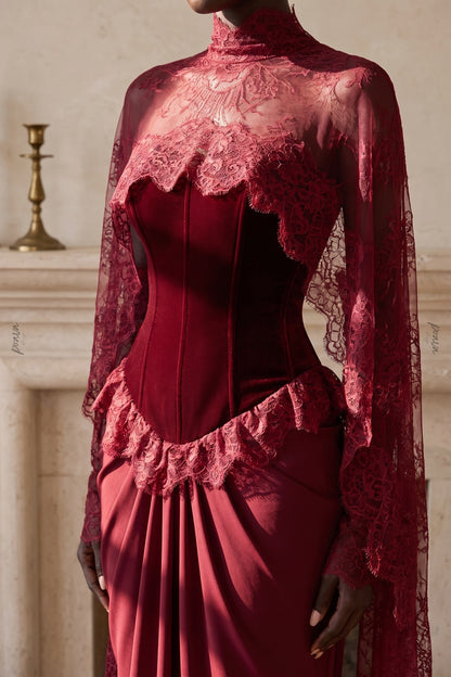 Burgundy Velvet Corset Evening Gown with Lace Cape Overlay burgundy velvet (bodice), fluid crepe/satin (skirt) evening gown - product view 6
