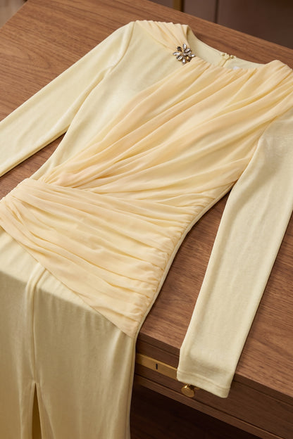Pale Yellow Fine Stretch Knit Column Evening Gown with Asymmetric Draped Cape pale yellow fine stretch knit evening gown - product view 6