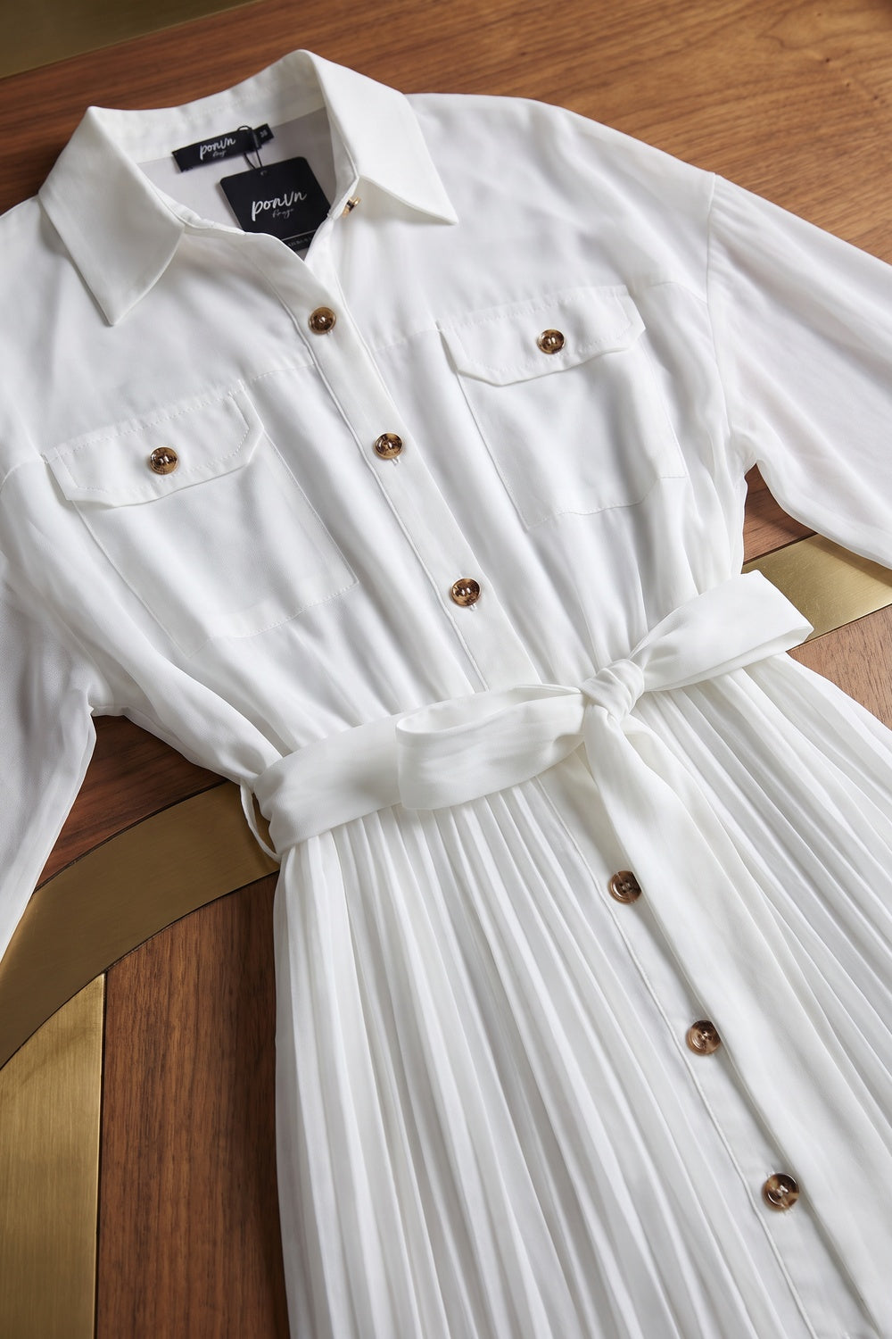 White Semi-Sheer Chiffon Pleated Shirt Dress white semi-sheer chiffon pleated shirt dress - product view 6