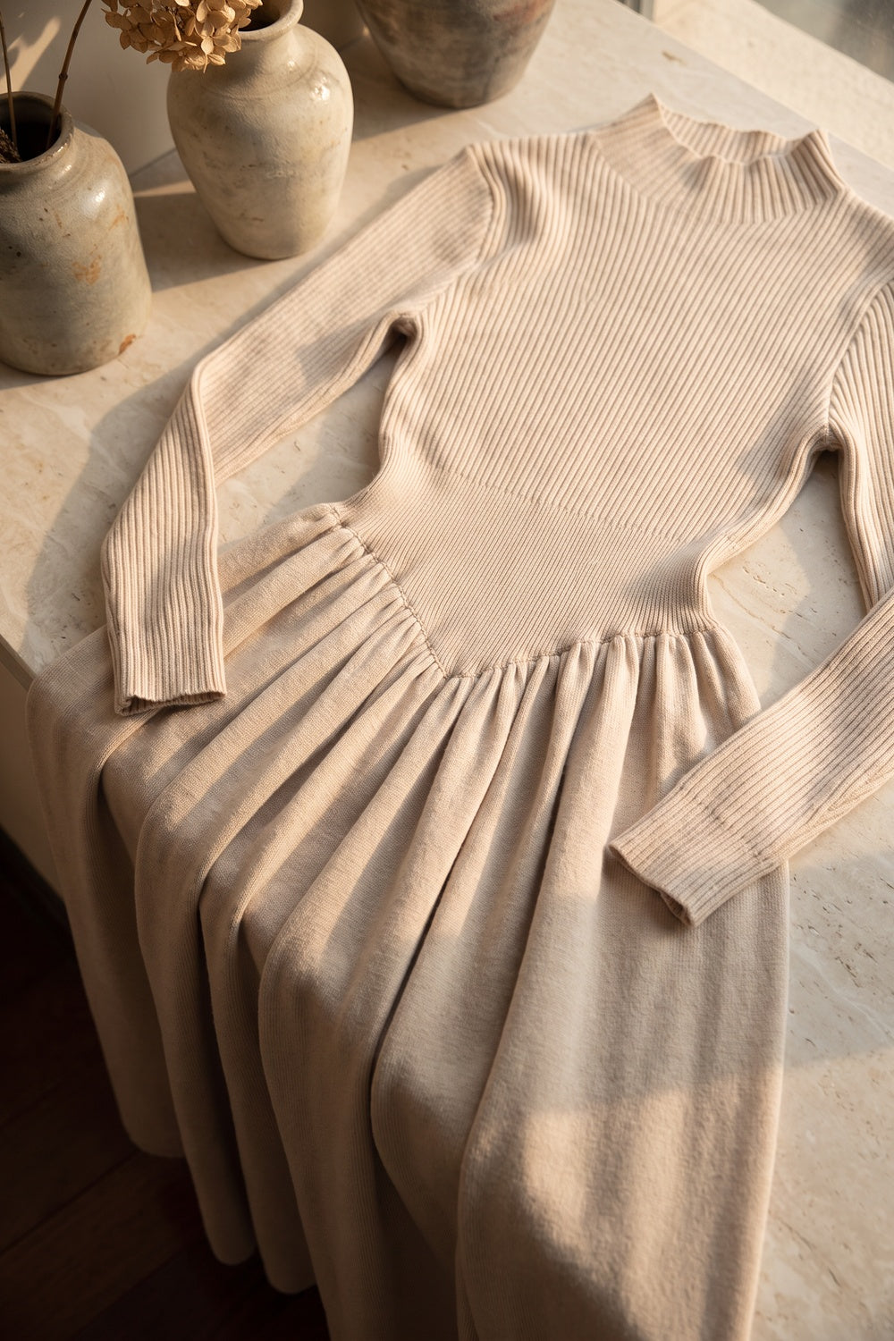Beige Ribbed Knit Maxi Dress beige knit dress - product view 6