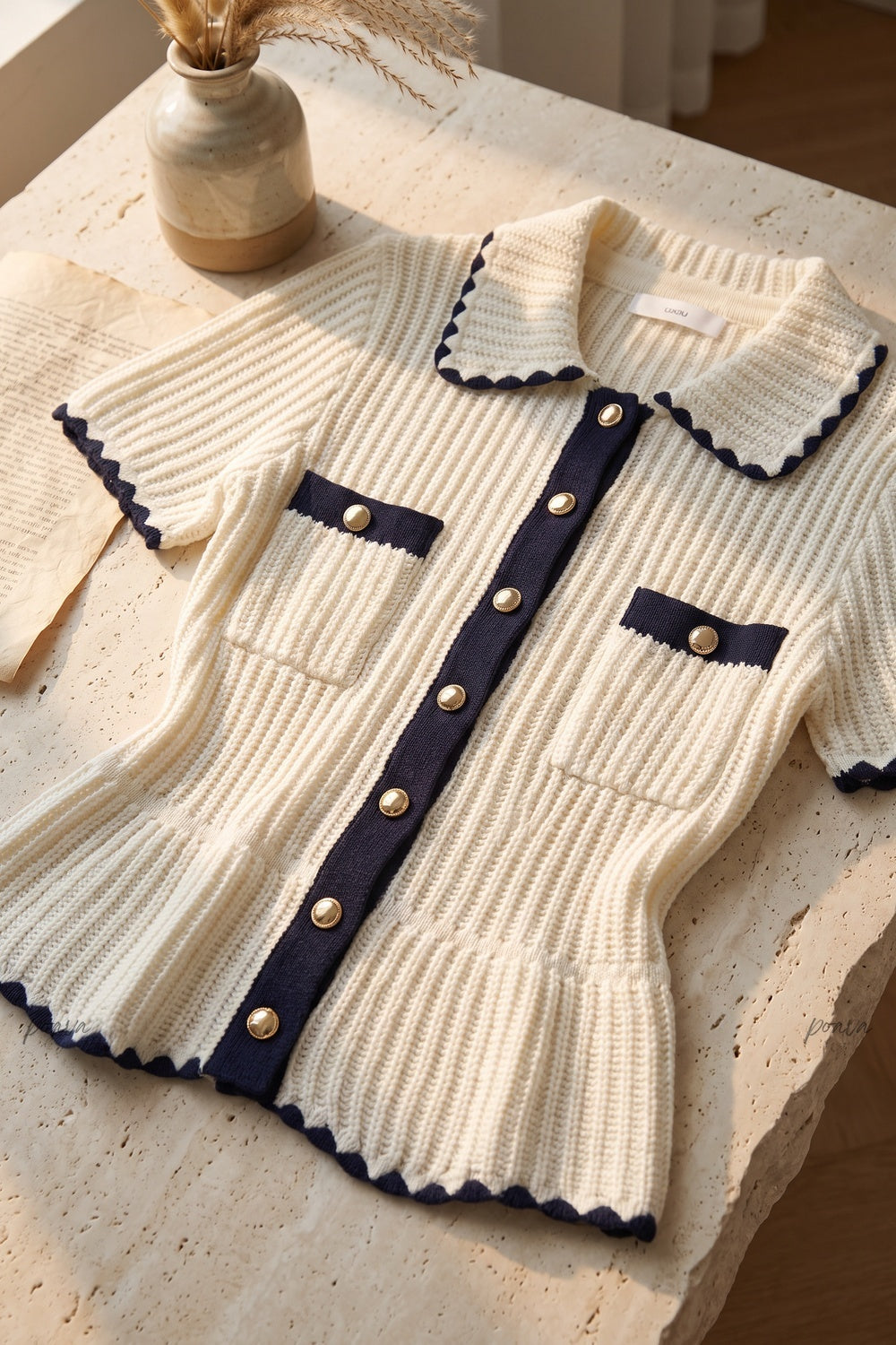 Cream Ribbed Knit Peplum Short-Sleeve Cardigan cream ribbed knit short-sleeve knit cardigan - product view 6