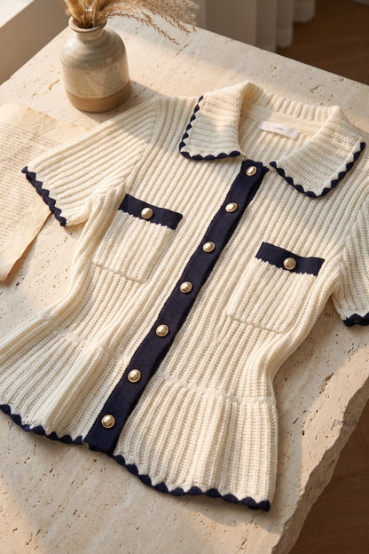 Cream Ribbed Knit Peplum Short-Sleeve Cardigan cream ribbed knit short-sleeve knit cardigan - product view 6