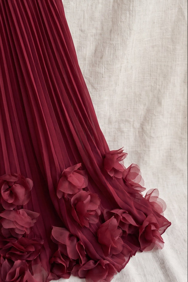 Burgundy Matte Crepe Bodice Drop-Waist Column Gown burgundy matte crepe bodice, chiffon skirt gown - product view 6