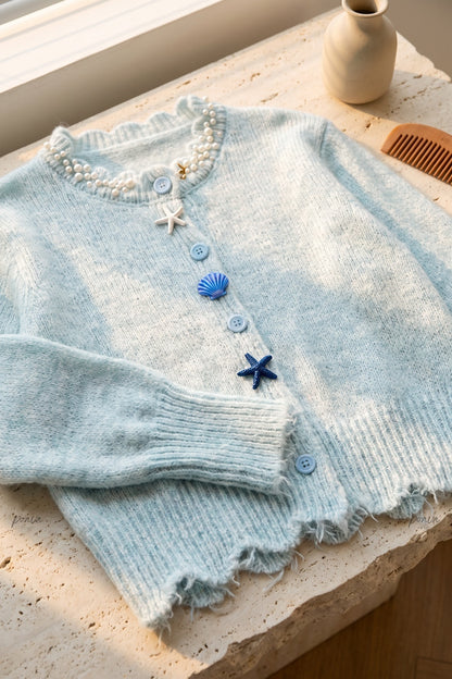 Light Blue Fuzzy Mohair-Blend Cropped Cardigan light blue fuzzy mohair-blend knit cardigan - product view 6