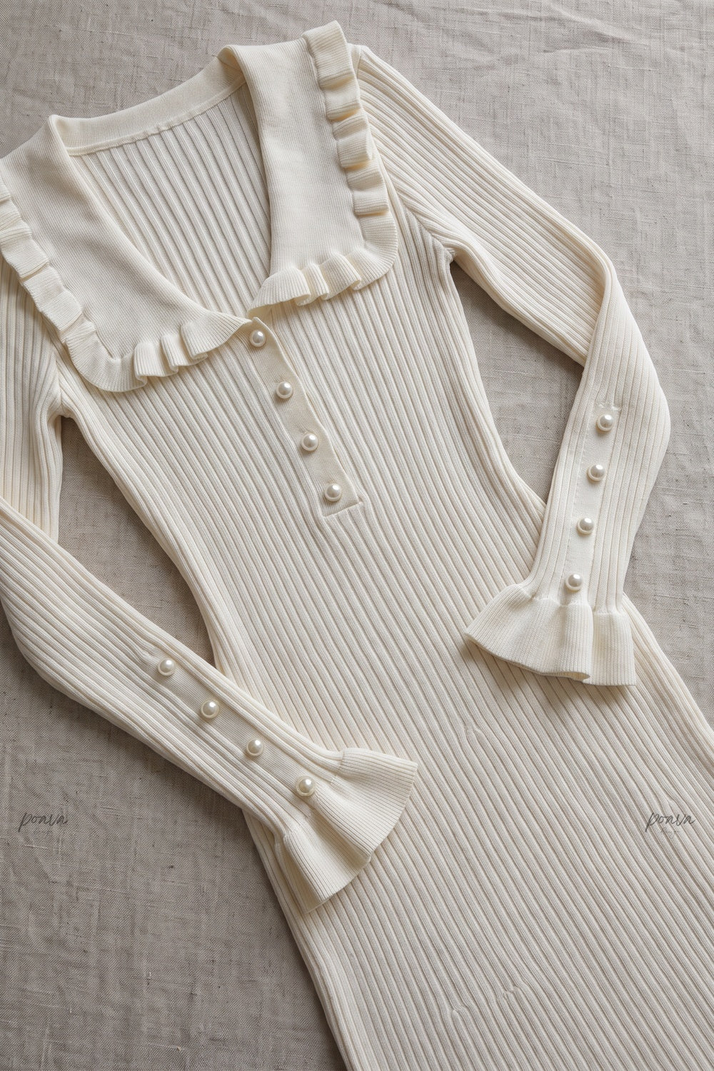 Cream Ribbed Knit Fitted Sheath Midi Dress with Ruffle Trim cream, off-white ribbed knit midi dress - product view 6