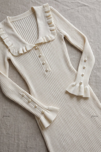 Cream Ribbed Knit Fitted Sheath Midi Dress with Ruffle Trim cream, off-white ribbed knit midi dress - product view 6