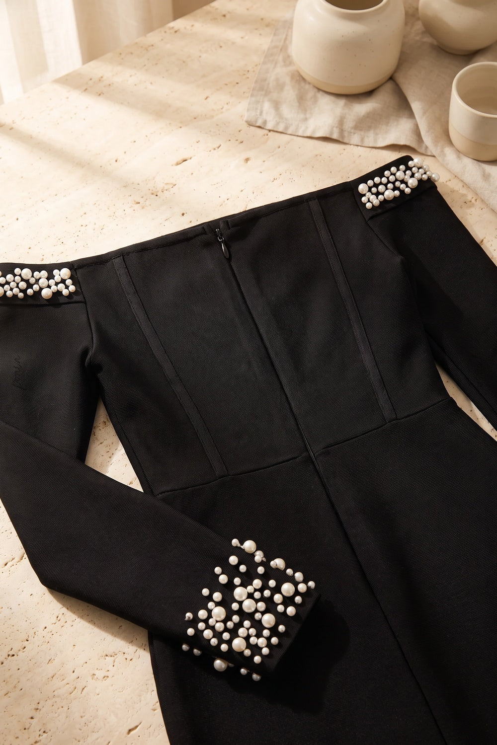 Black Off-the-Shoulder Bodycon Mini Dress with Pearl Embellishment black heavy stretch knit dress - product view 6