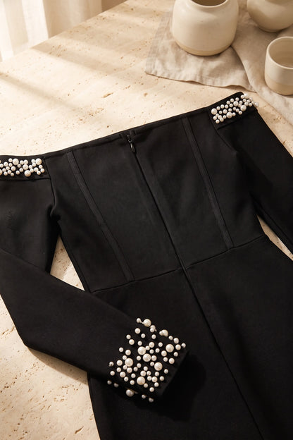 Black Off-the-Shoulder Bodycon Mini Dress with Pearl Embellishment black heavy stretch knit dress - product view 6