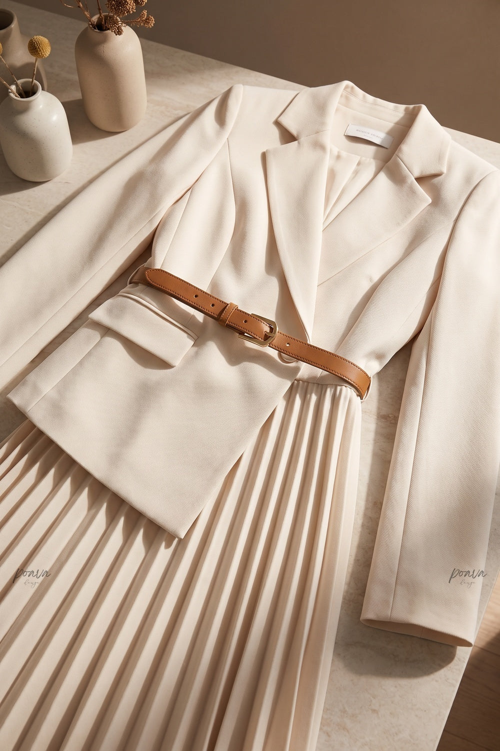 Cream Structured Crepe Blazer and Pleated Skirt Set cream, off-white structured crepe blazer and pleated skirt set - product view 6