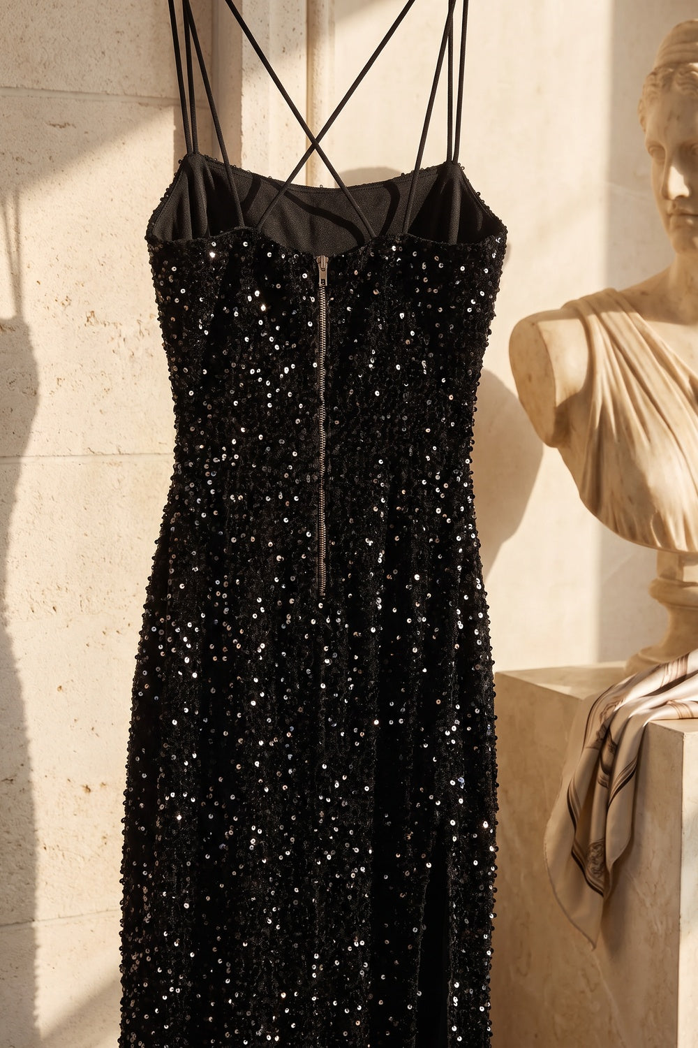 Black Sequined Fitted Column Evening Gown black sequined knit or mesh evening gown - product view 4