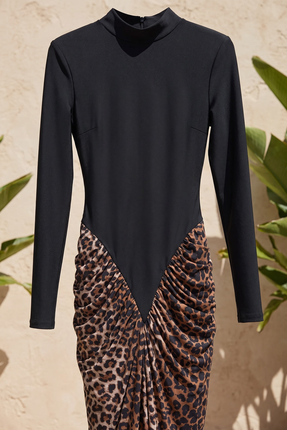 Black Matte Stretch Knit Maxi Dress with Leopard Print Draped Skirt black matte stretch knit maxi dress - product view 6