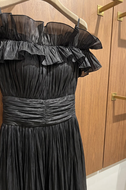 Black Pleated Organza Fit-and-Flare Midi Dress black pleated organza or taffeta dress - product view 6