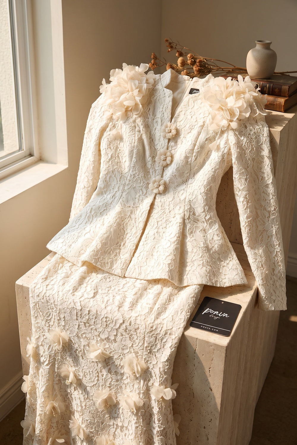 Ivory Corded Floral Lace Two-Piece Skirt Suit Ivory, Cream Corded floral lace Two-piece skirt suit - product view 6