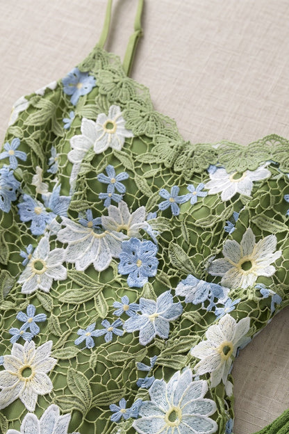 Green Floral Lace Slip Dress & Cropped Shrug Two-Piece Set Green, White, Light Blue Floral lace/crochet Two-piece set (slip dress and shrug) - product view 6