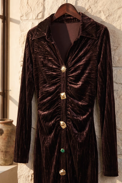 Dark Brown Crushed Velvet Column Maxi Shirt Dress dark brown crushed velvet maxi shirt dress - product view 5
