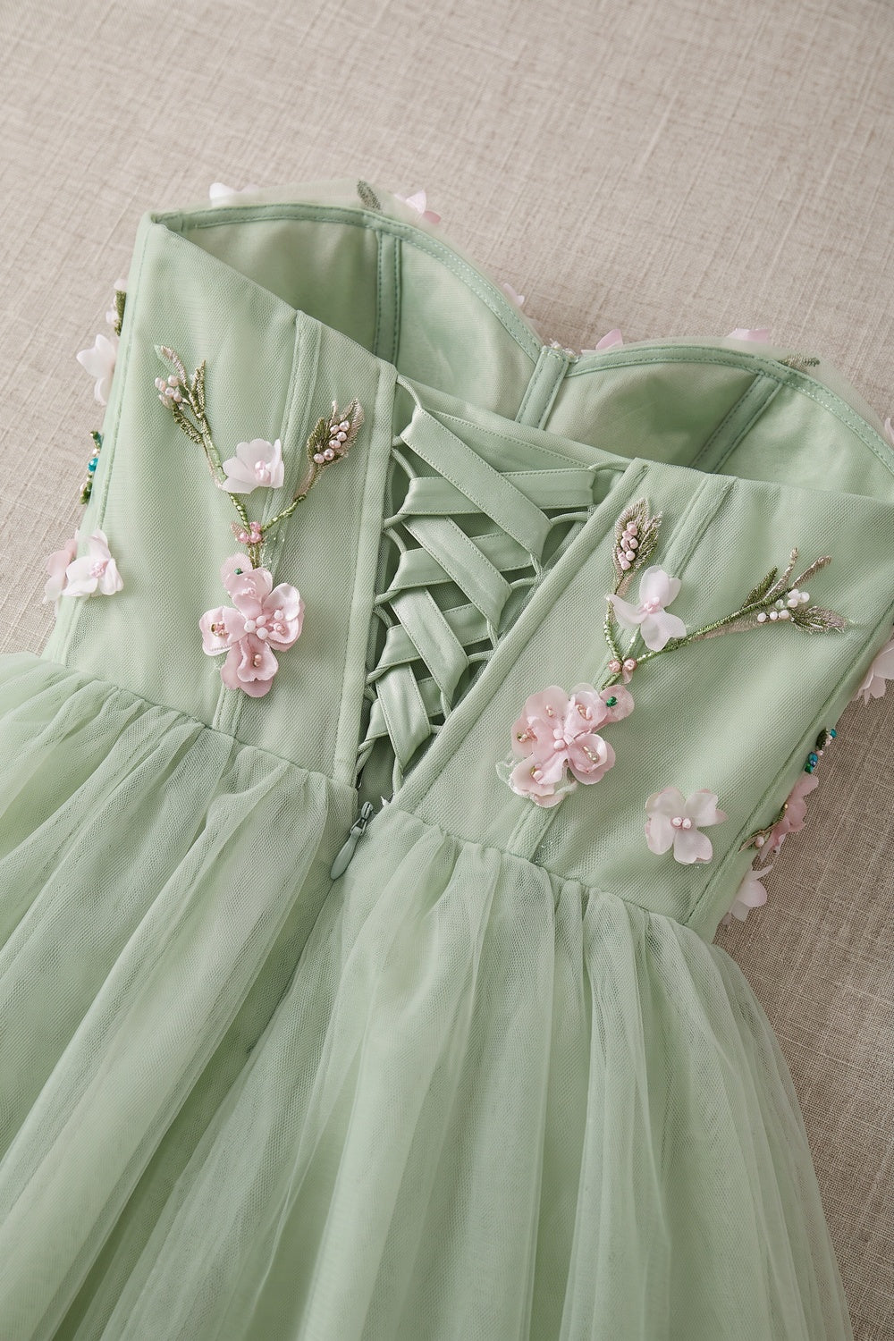 Light Sage Green Tulle A-Line Fit-and-Flare Dress with 3D Floral Appliques light sage green tulle dress - product view 6