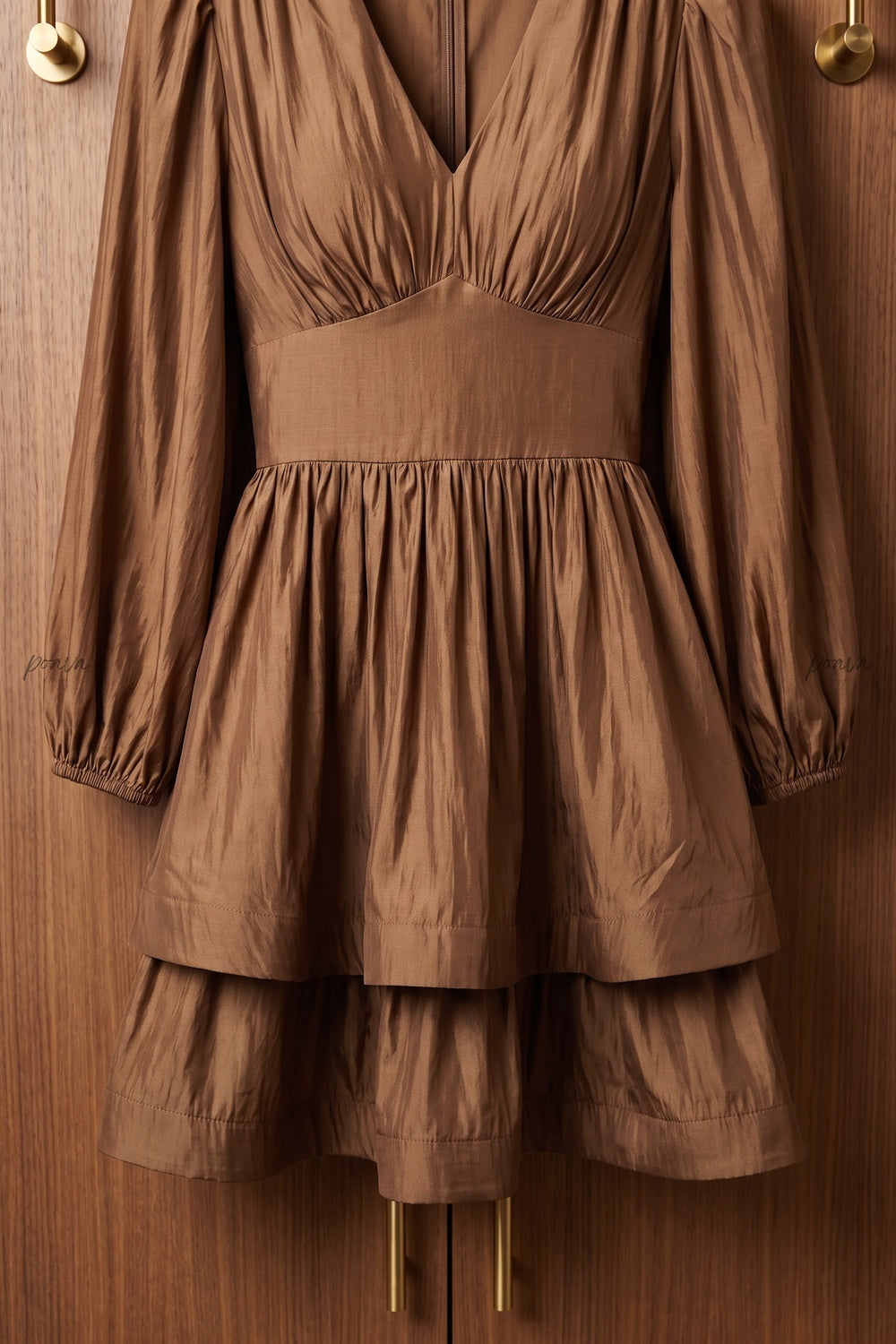 Bronze Brown Taffeta-Like Fit-and-Flare Tiered Mini Dress bronze brown taffeta-like synthetic or silk blend dress - product view 4