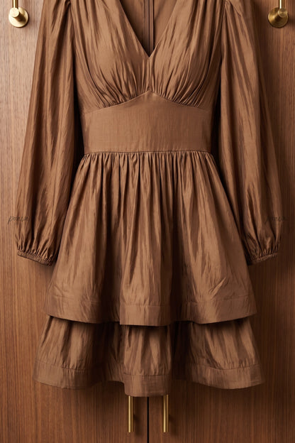 Bronze Brown Taffeta-Like Fit-and-Flare Tiered Mini Dress bronze brown taffeta-like synthetic or silk blend dress - product view 4