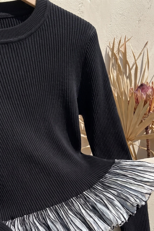 Black Ribbed Knit Two-Piece Set with Metallic Pleated Peplum black ribbed knit two-piece set - product view 6