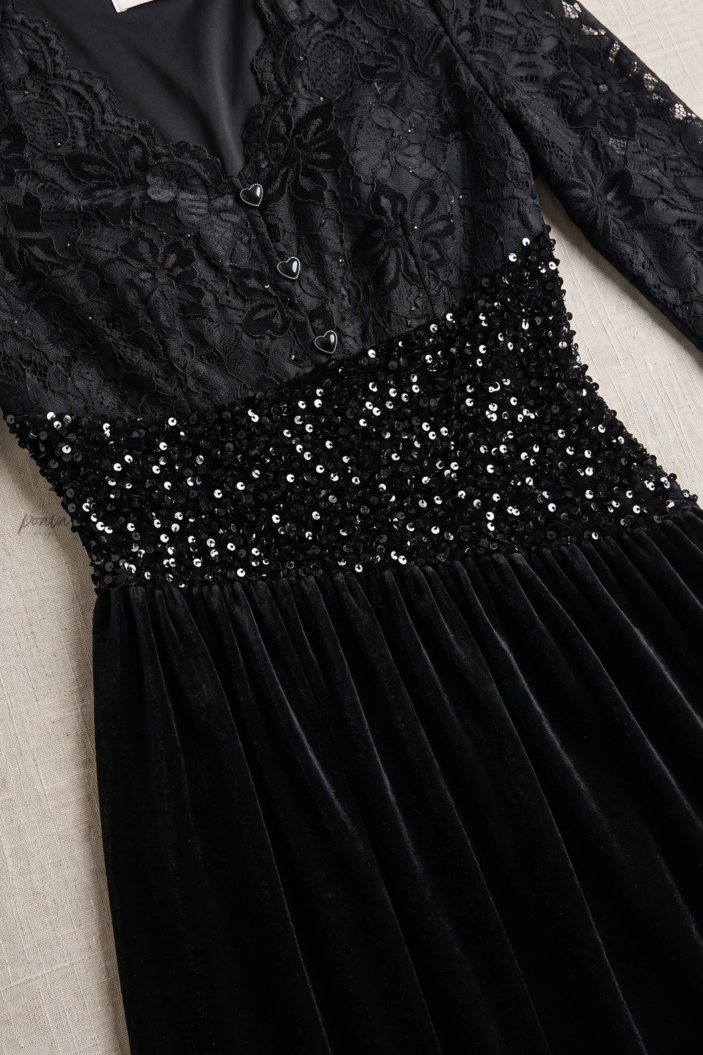 Black Velvet A-Line Midi Dress with Floral Lace and Sequin Waist black fluid velvet or heavy knit (skirt), floral lace (bodice and sleeves) dress - product view 6