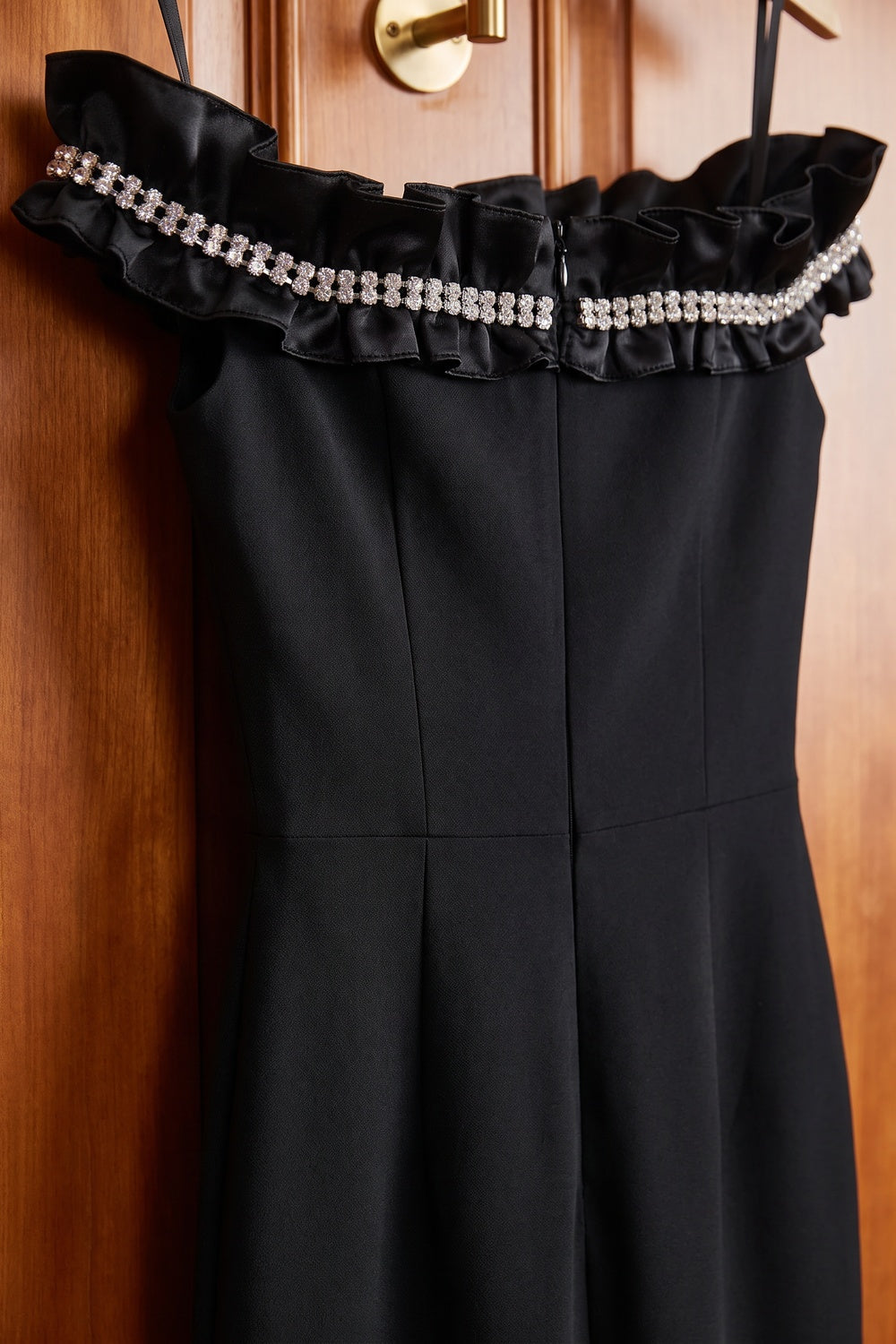 Black Structured Crepe Column Gown with Rhinestone Ruffle black structured crepe gown - product view 6