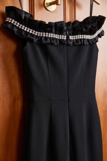 Black Structured Crepe Column Gown with Rhinestone Ruffle black structured crepe gown - product view 6