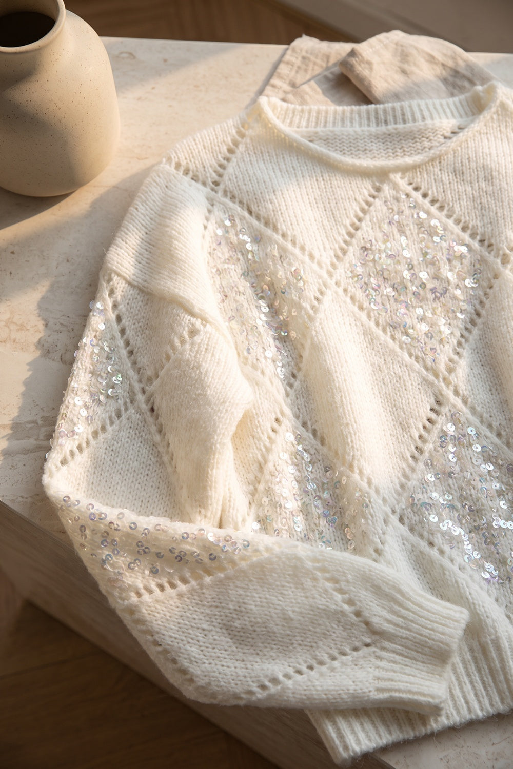 White Textured Knit Relaxed Sweater with Diamond Sequin Panels white textured knit sweater - product view 6