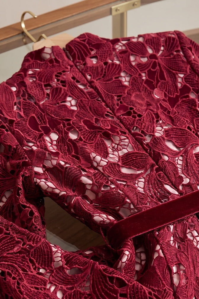 Burgundy Corded Floral Lace Sheath Dress burgundy corded floral lace dress - product view 6