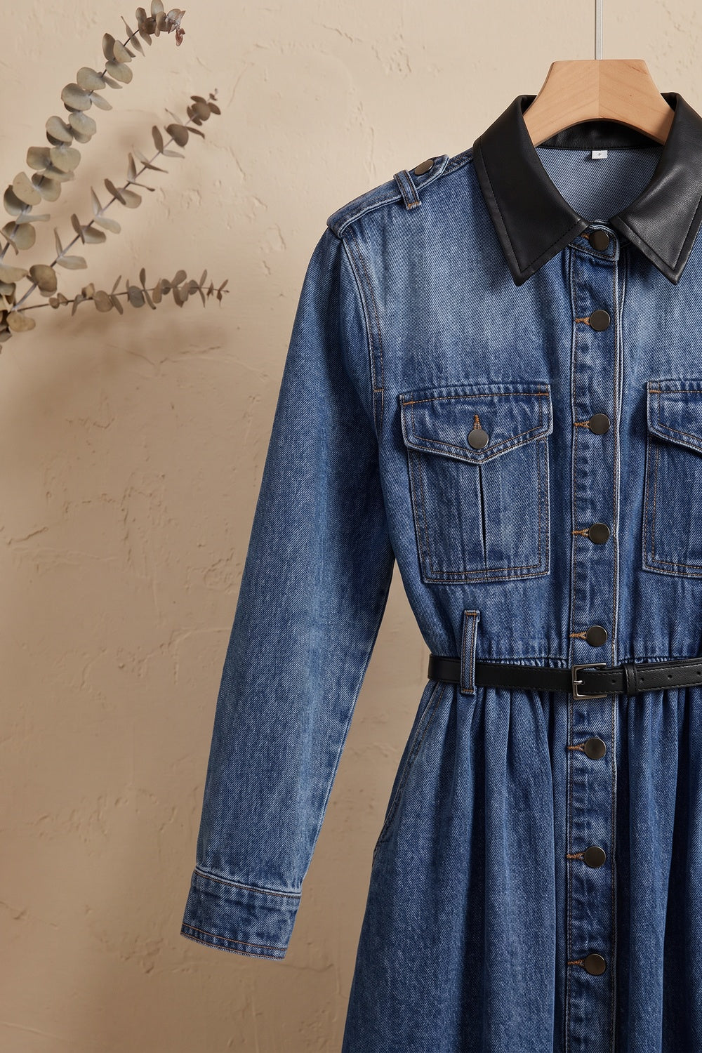 Medium Blue Denim A-Line Shirt Dress with Contrast Collar medium blue denim shirt dress - product view 6